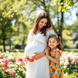 A joyful scene of a pregnant woman gently cradling her baby bump, standing in a sunny park with a three-year-old girl next to her