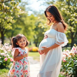 A joyful scene of a pregnant woman gently cradling her baby bump, standing in a sunny park with a three-year-old girl next to her