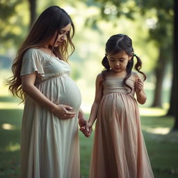 A poignant scene depicting a pregnant woman with long flowing hair, wearing a soft, flowing dress, standing next to her three-year-old daughter