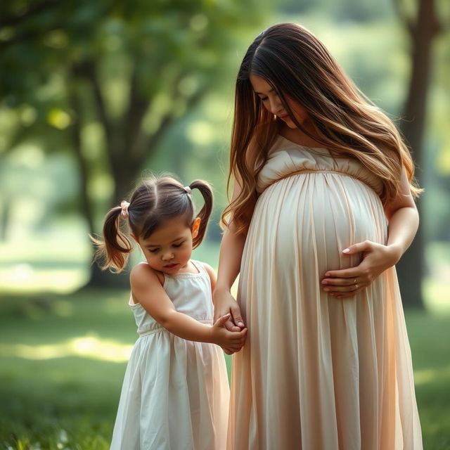 A poignant scene depicting a pregnant woman with long flowing hair, wearing a soft, flowing dress, standing next to her three-year-old daughter