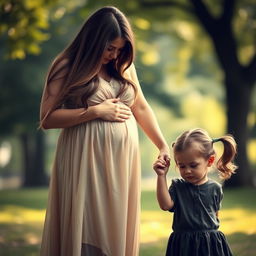 A poignant scene depicting a pregnant woman with long flowing hair, wearing a soft, flowing dress, standing next to her three-year-old daughter