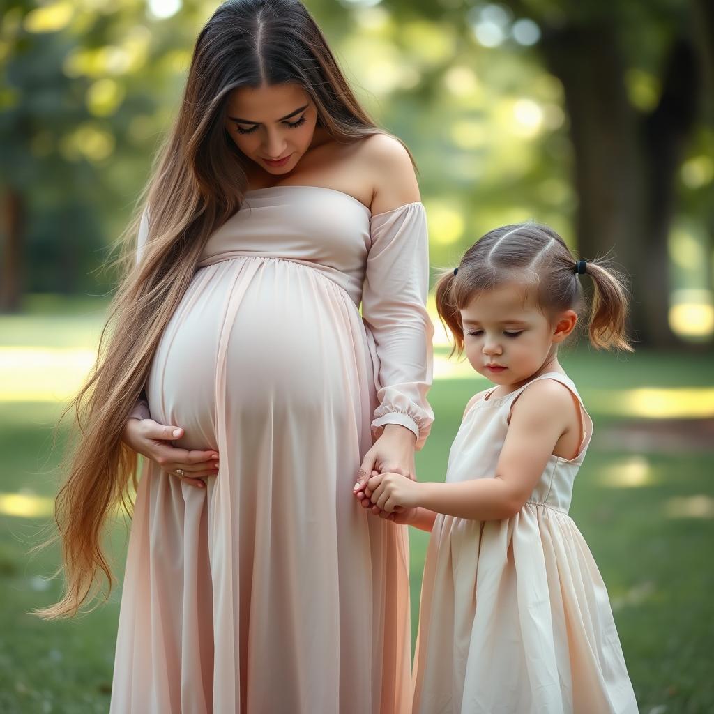 A poignant scene depicting a pregnant woman with long flowing hair, wearing a soft, flowing dress, standing next to her three-year-old daughter