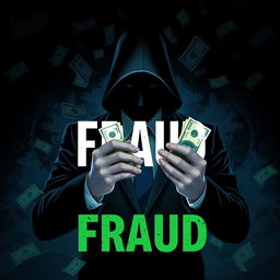 A conceptual artwork representing the theme of fraud, with a stylized depiction of a shadowy figure manipulating banknotes and digital devices in a dark, dramatic environment