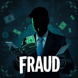 A conceptual artwork representing the theme of fraud, with a stylized depiction of a shadowy figure manipulating banknotes and digital devices in a dark, dramatic environment