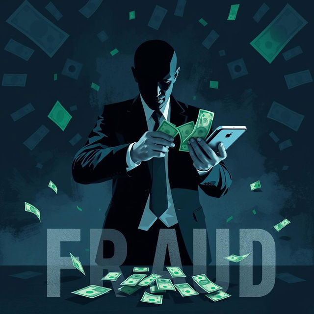 A conceptual artwork representing the theme of fraud, with a stylized depiction of a shadowy figure manipulating banknotes and digital devices in a dark, dramatic environment