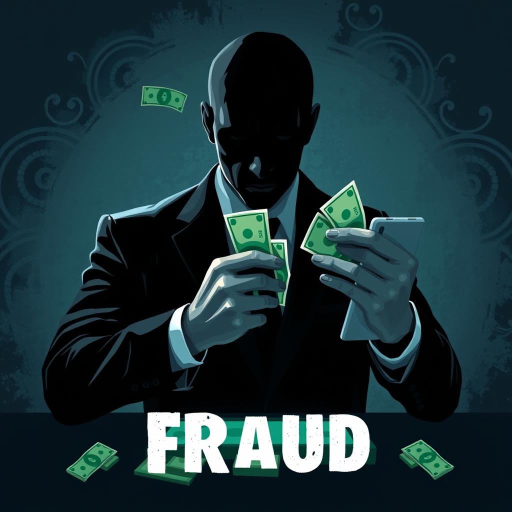 A conceptual artwork representing the theme of fraud, with a stylized depiction of a shadowy figure manipulating banknotes and digital devices in a dark, dramatic environment