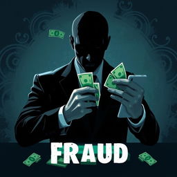 A conceptual artwork representing the theme of fraud, with a stylized depiction of a shadowy figure manipulating banknotes and digital devices in a dark, dramatic environment