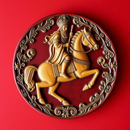 A beautifully intricately carved maroon wooden plate depicting a Persian king elegantly riding a majestic horse
