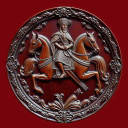 A beautifully intricately carved maroon wooden plate depicting a Persian king elegantly riding a majestic horse