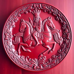 A beautifully intricately carved maroon wooden plate depicting a Persian king elegantly riding a majestic horse