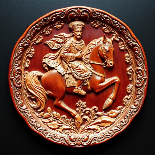 A beautifully intricately carved maroon wooden plate depicting a Persian king elegantly riding a majestic horse