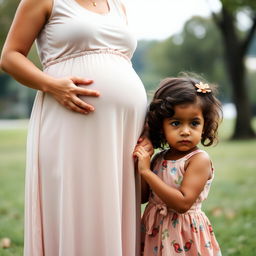 A pregnant woman with a round belly, wearing a soft, flowing dress, stands next to her three-year-old girl
