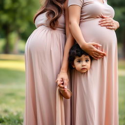 A pregnant woman with a round belly, wearing a soft, flowing dress, stands next to her three-year-old girl