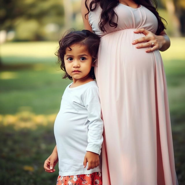 A pregnant woman with a round belly, wearing a soft, flowing dress, stands next to her three-year-old girl