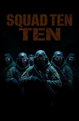 A group of multiple army men wearing tactical masks, each carrying firearms, set against a dark and moody background