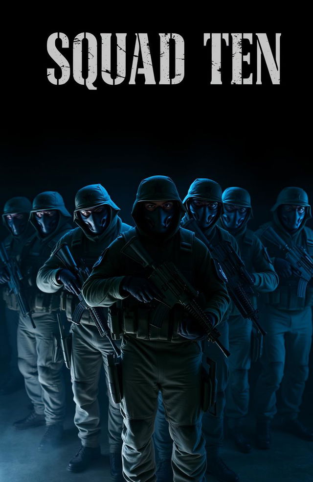 A group of multiple army men wearing tactical masks, each carrying firearms, set against a dark and moody background