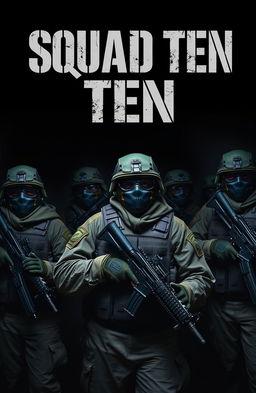 A group of multiple army men wearing tactical masks, each carrying firearms, set against a dark and moody background