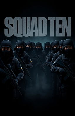 A group of multiple army men wearing tactical masks, each carrying firearms, set against a dark and moody background
