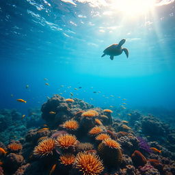 A mesmerizing underwater scene showcasing vibrant coral reefs teeming with colorful fish, a graceful sea turtle gliding by, and soft sunlight filtering through the water, casting shimmering patterns on the seabed