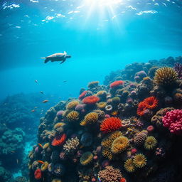 A mesmerizing underwater scene showcasing vibrant coral reefs teeming with colorful fish, a graceful sea turtle gliding by, and soft sunlight filtering through the water, casting shimmering patterns on the seabed