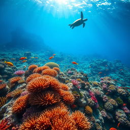 A mesmerizing underwater scene showcasing vibrant coral reefs teeming with colorful fish, a graceful sea turtle gliding by, and soft sunlight filtering through the water, casting shimmering patterns on the seabed