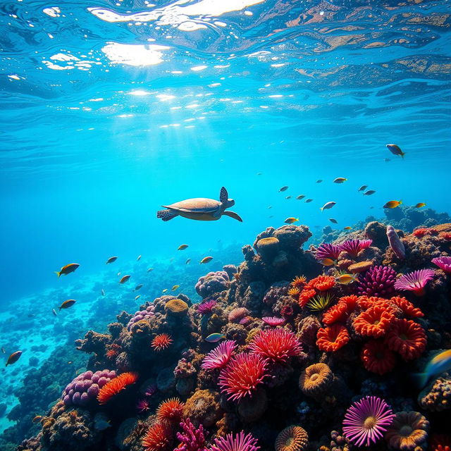 A mesmerizing underwater scene showcasing vibrant coral reefs teeming with colorful fish, a graceful sea turtle gliding by, and soft sunlight filtering through the water, casting shimmering patterns on the seabed