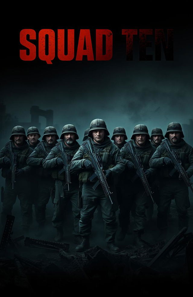 A group of 10 army men in a dark and gritty warzone, each holding guns and displaying serious expressions