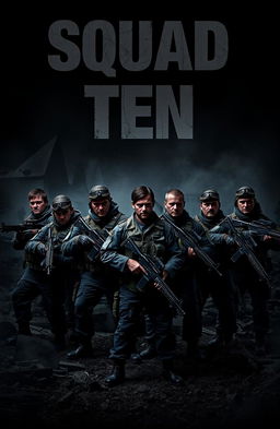 A group of 10 army men in a dark and gritty warzone, each holding guns and displaying serious expressions