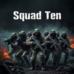 A group of 10 masked army men in a dark and chaotic warzone, each wielding guns and showcasing a sense of determination and readiness