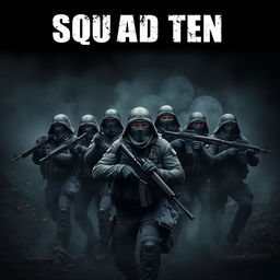A group of 10 masked army men in a dark and chaotic warzone, each wielding guns and showcasing a sense of determination and readiness