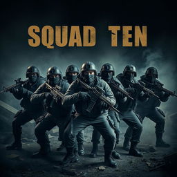 A dynamic scene featuring 10 masked army men in a dark, chaotic warzone, each armed with assault rifles and exhibiting a range of tactical stances