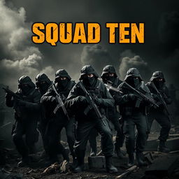A dynamic scene featuring 10 masked army men in a dark, chaotic warzone, each armed with assault rifles and exhibiting a range of tactical stances
