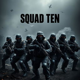 A dynamic scene featuring 10 masked army men in a dark, chaotic warzone, each armed with assault rifles and exhibiting a range of tactical stances