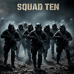 A dynamic scene featuring 10 masked army men in a dark, chaotic warzone, each armed with assault rifles and exhibiting a range of tactical stances