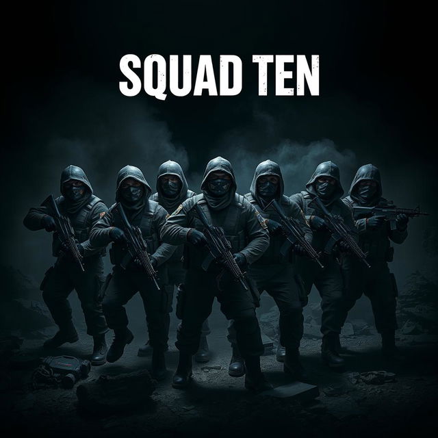A striking scene of 10 masked army men positioned in a dark, intense warzone, each armed with guns and showcasing readiness for battle