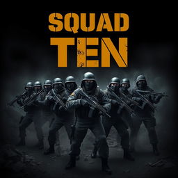 A striking scene of 10 masked army men positioned in a dark, intense warzone, each armed with guns and showcasing readiness for battle