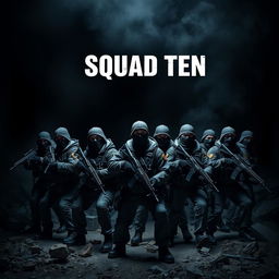 A striking scene of 10 masked army men positioned in a dark, intense warzone, each armed with guns and showcasing readiness for battle