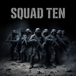 A striking scene of 10 masked army men positioned in a dark, intense warzone, each armed with guns and showcasing readiness for battle