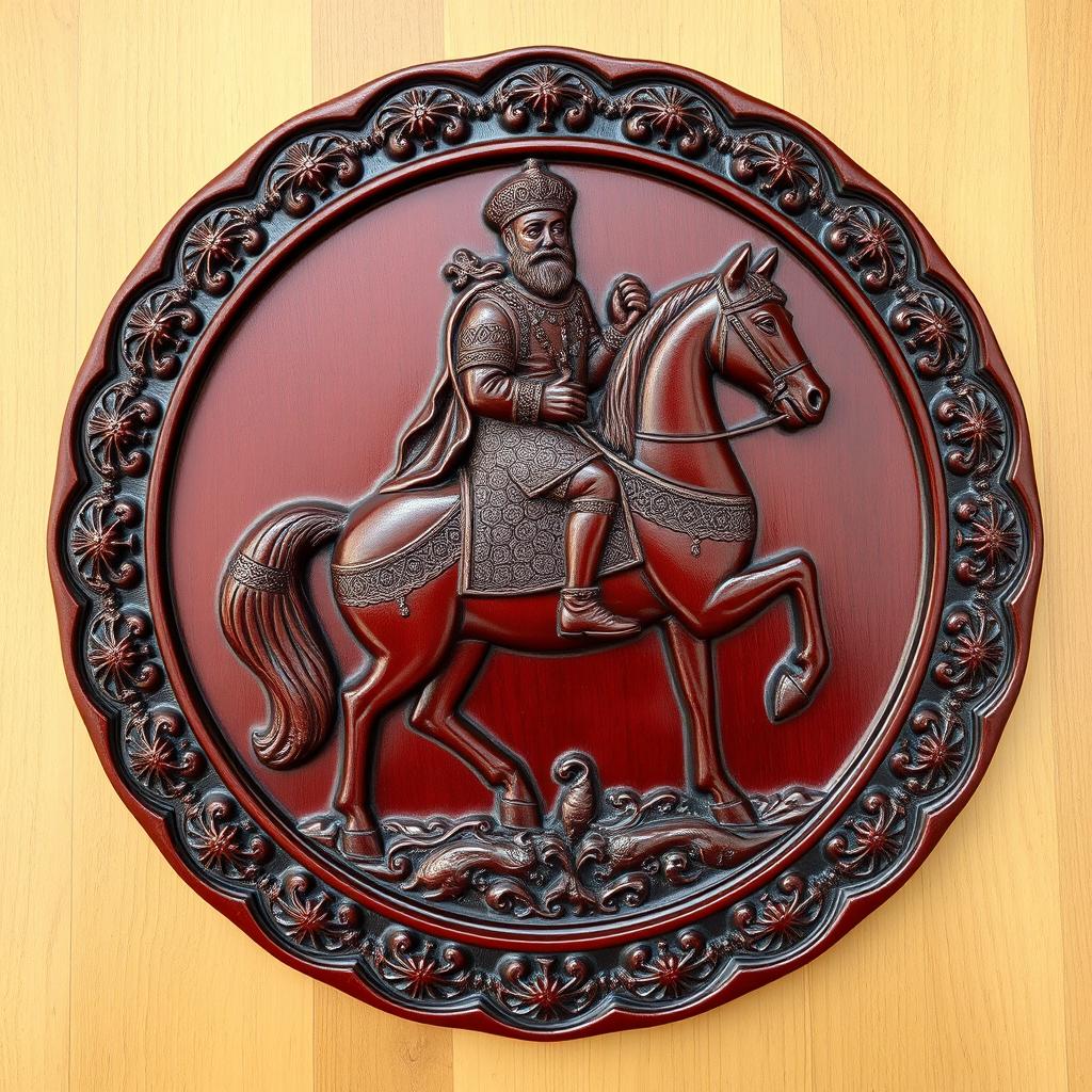 A beautifully carved maroon wooden plate featuring an intricate depiction of a Persian king on horseback