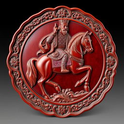 A beautifully carved maroon wooden plate featuring an intricate depiction of a Persian king on horseback