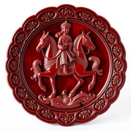 A beautifully carved maroon wooden plate featuring an intricate depiction of a Persian king on horseback