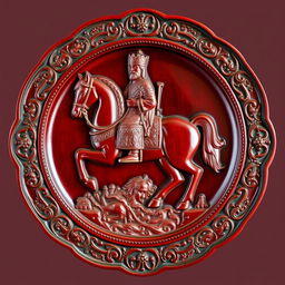 A beautifully carved maroon wooden plate featuring an intricate depiction of a Persian king on horseback