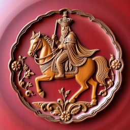 A beautifully carved maroon wooden plate featuring an intricate depiction of a Persian king on horseback, adorned in traditional royal attire with a flowing cape and a detailed crown