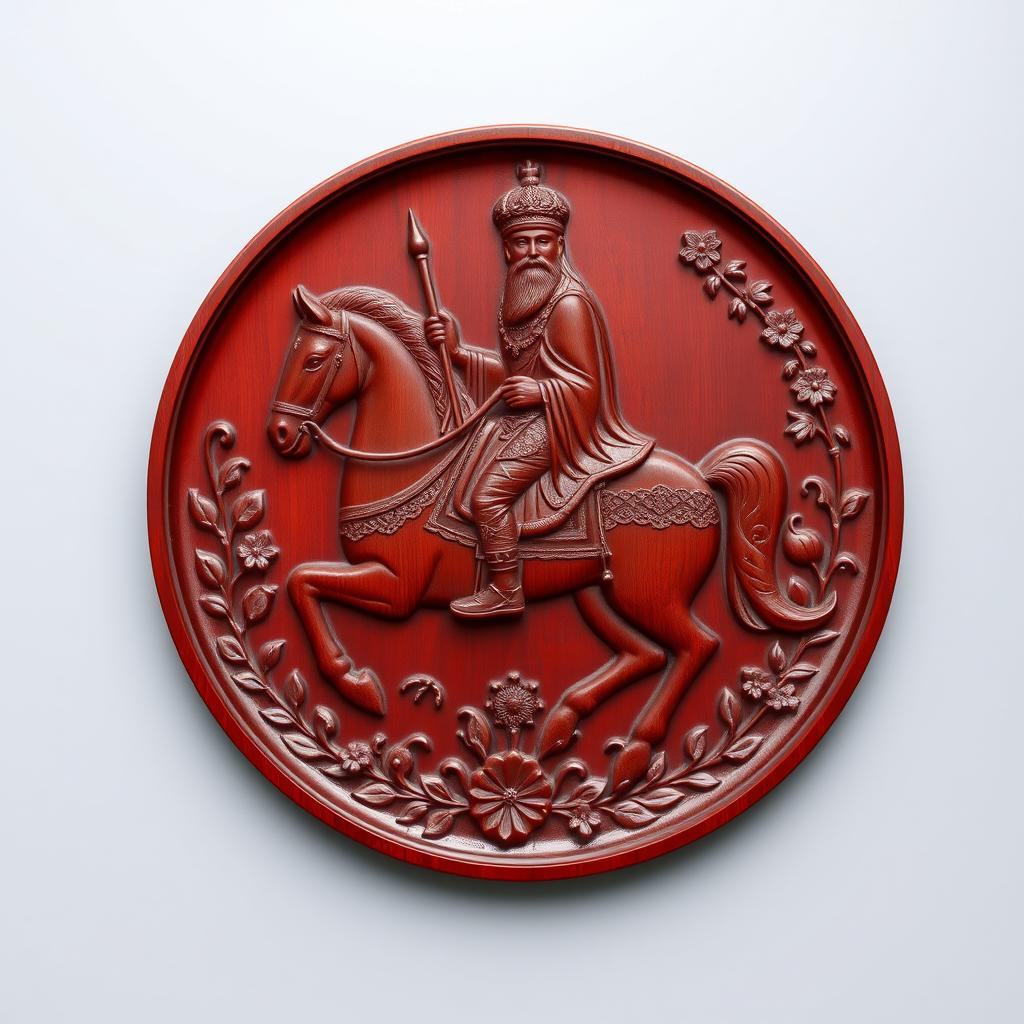 A beautifully carved maroon wooden plate featuring an intricate depiction of a Persian king on horseback, adorned in traditional royal attire with a flowing cape and a detailed crown