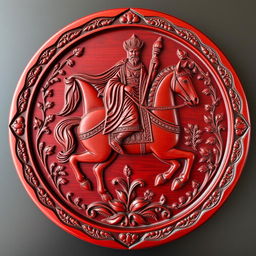 A beautifully carved maroon wooden plate featuring an intricate depiction of a Persian king on horseback, adorned in traditional royal attire with a flowing cape and a detailed crown