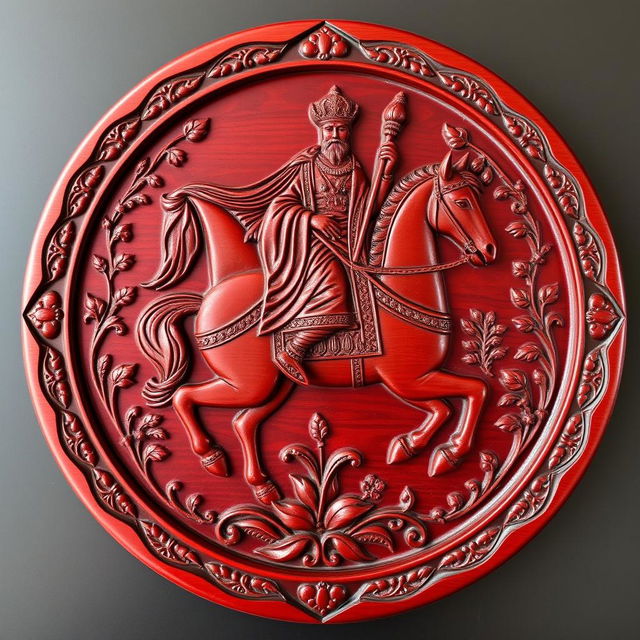 A beautifully carved maroon wooden plate featuring an intricate depiction of a Persian king on horseback, adorned in traditional royal attire with a flowing cape and a detailed crown