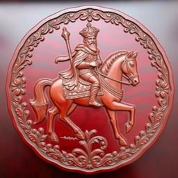 A beautifully carved maroon wooden plate featuring an intricate depiction of a Persian king on horseback, adorned in traditional royal attire with a flowing cape and a detailed crown