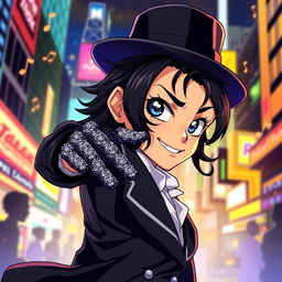 An anime-style portrayal of a character that is a mix between Michael Jackson and an original anime character
