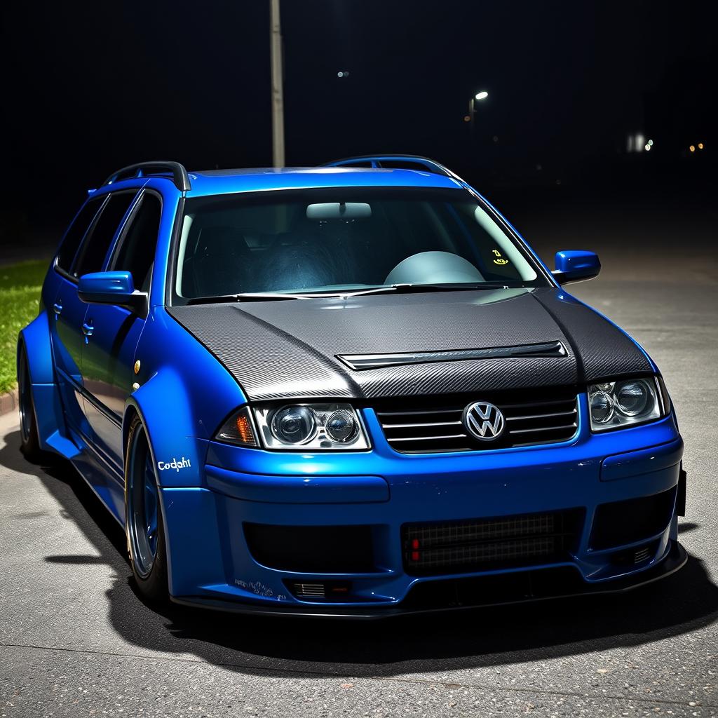 A blue 2001 widebody VW Passat R36 L wagon drift car parked at night, shown from a higher 3/4 front view to capture both the side and hood of the vehicle