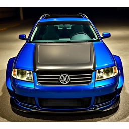 A blue 2001 widebody VW Passat R36 L wagon drift car parked at night, shown from a higher 3/4 front view to capture both the side and hood of the vehicle